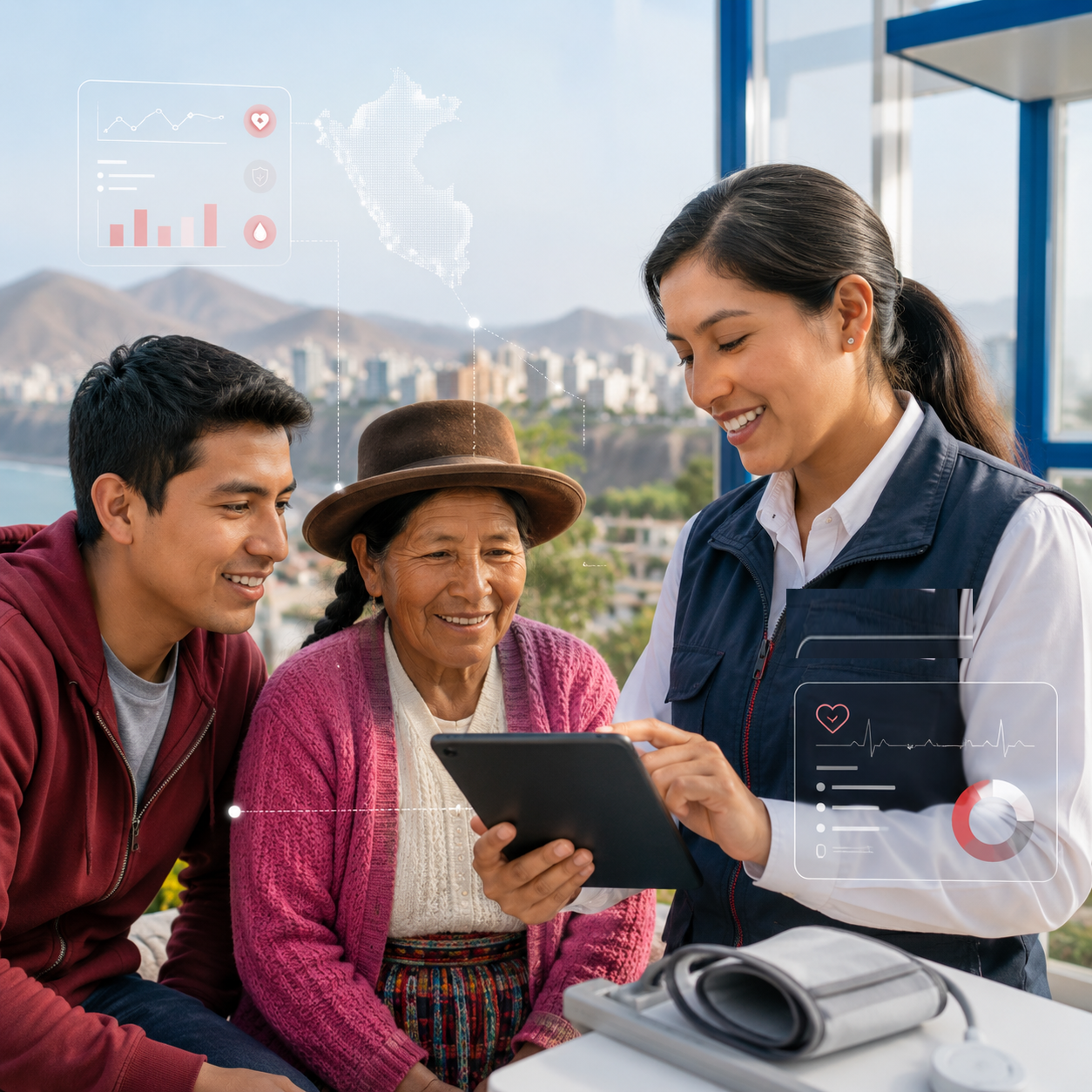 Una promotora de salud del MINSA muestra la app gSense+ a una familia de la comunidad