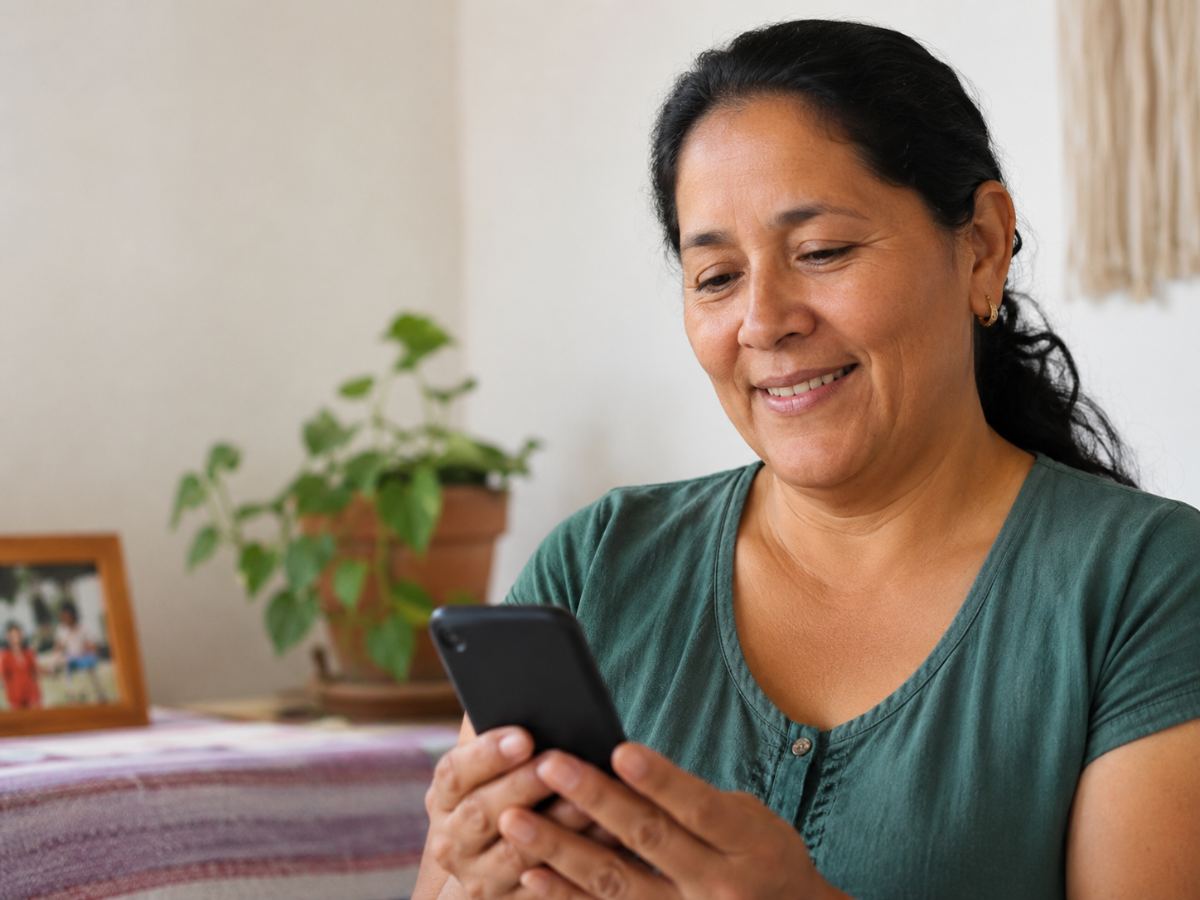 Mujer de la comunidad usando la app gSense+ en su celular